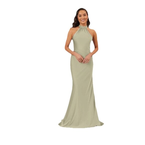 Kennedy Blue Womens 14 Sage Satin Rory High Neck Floor Length A Line Dress NWT - Picture 1 of 5
